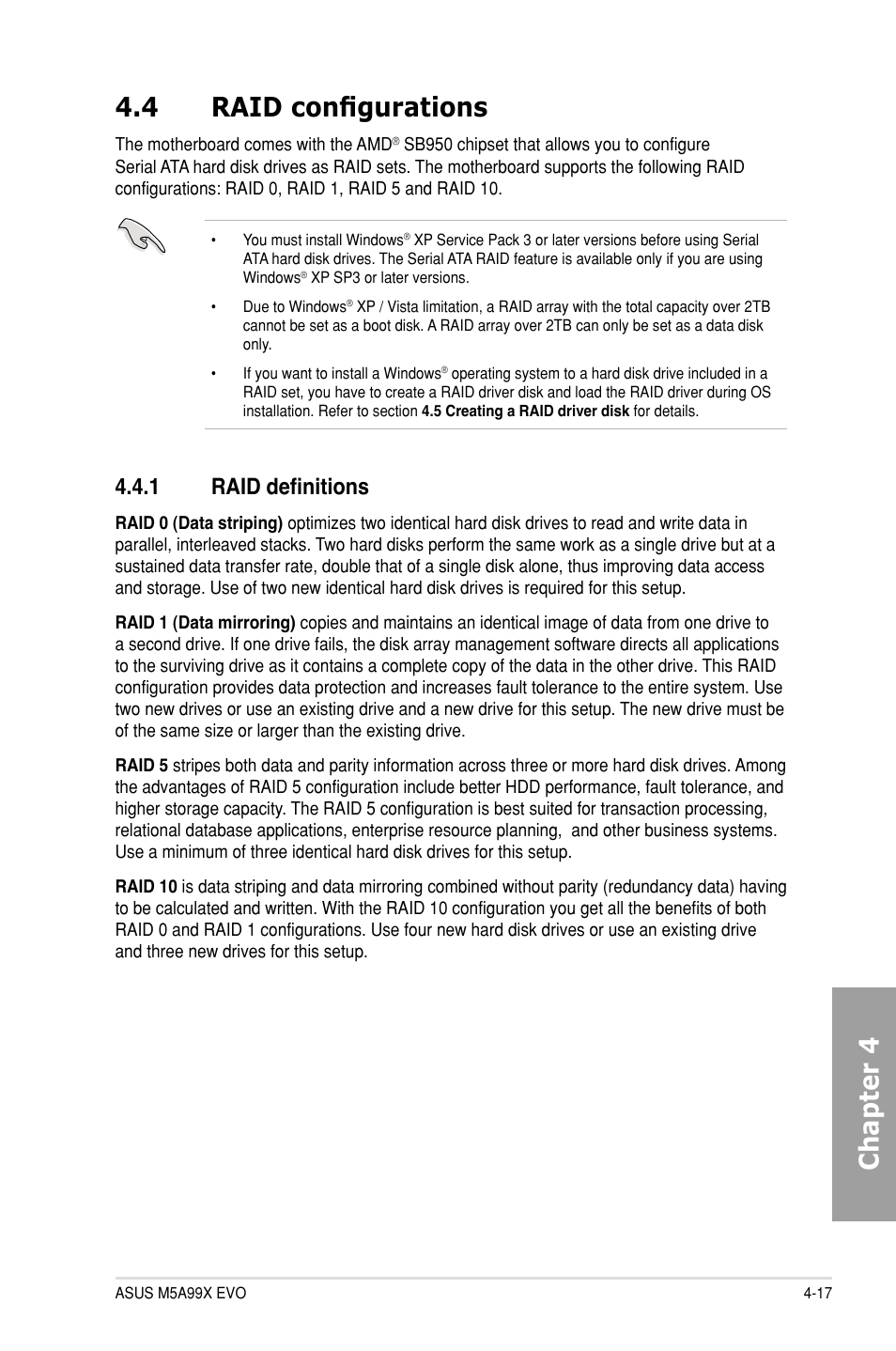 4 raid configurations, 1 raid definitions, Raid configurations -17 4.4.1 | Raid definitions -17, Chapter 4 4.4 raid configurations | Asus M5A99X EVO User Manual | Page 119 / 138