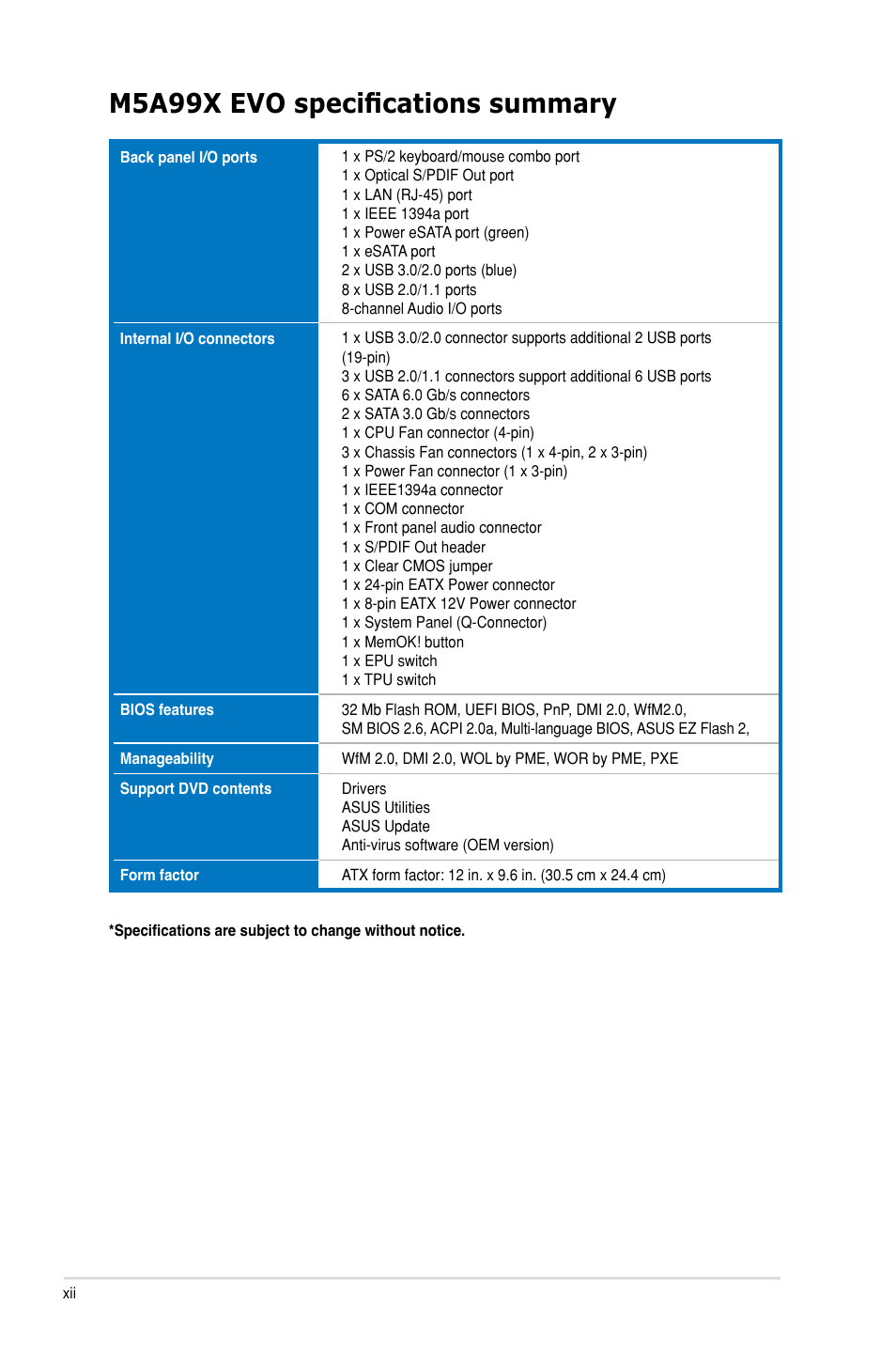 M5a99x evo specifications summary | Asus M5A99X EVO User Manual | Page 12 / 138