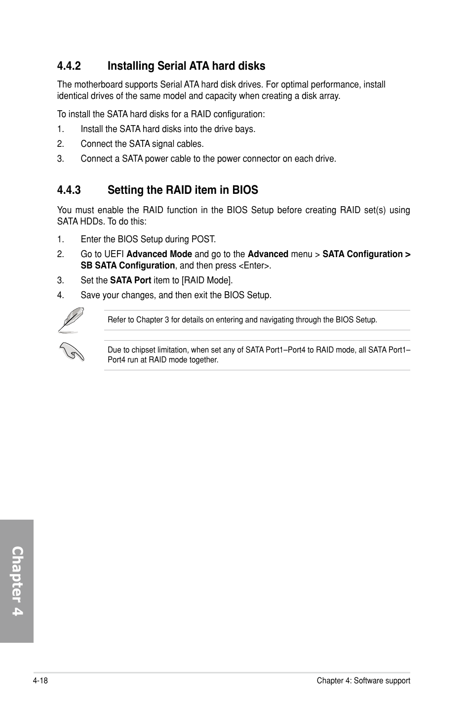 2 installing serial ata hard disks, 3 setting the raid item in bios, Installing serial ata hard disks -18 | Setting the raid item in bios -18, Chapter 4 | Asus M5A99X EVO User Manual | Page 120 / 138