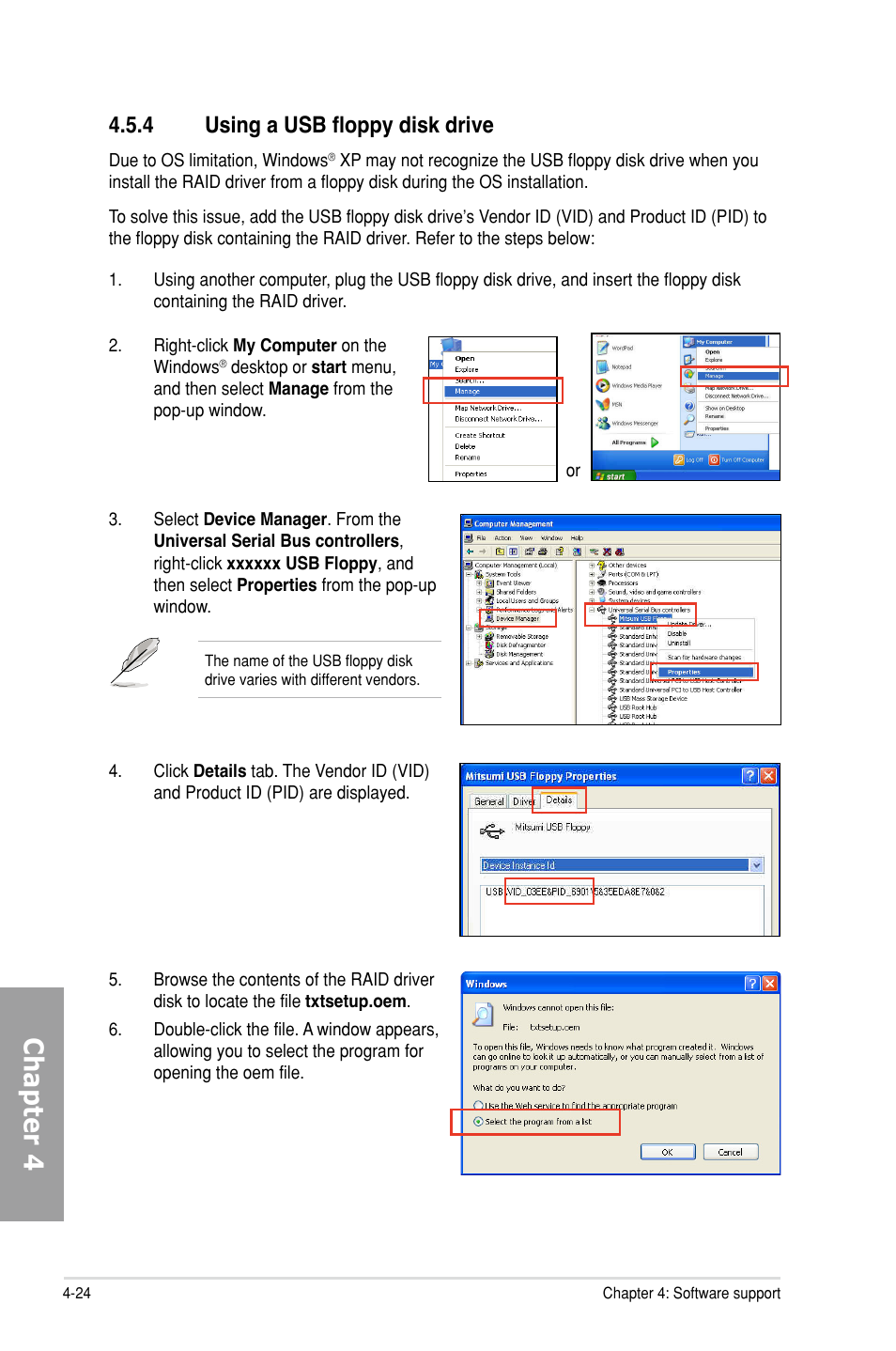 4 using a usb floppy disk drive, Using a usb floppy disk drive -24, Chapter 4 | Asus M5A99X EVO User Manual | Page 126 / 138