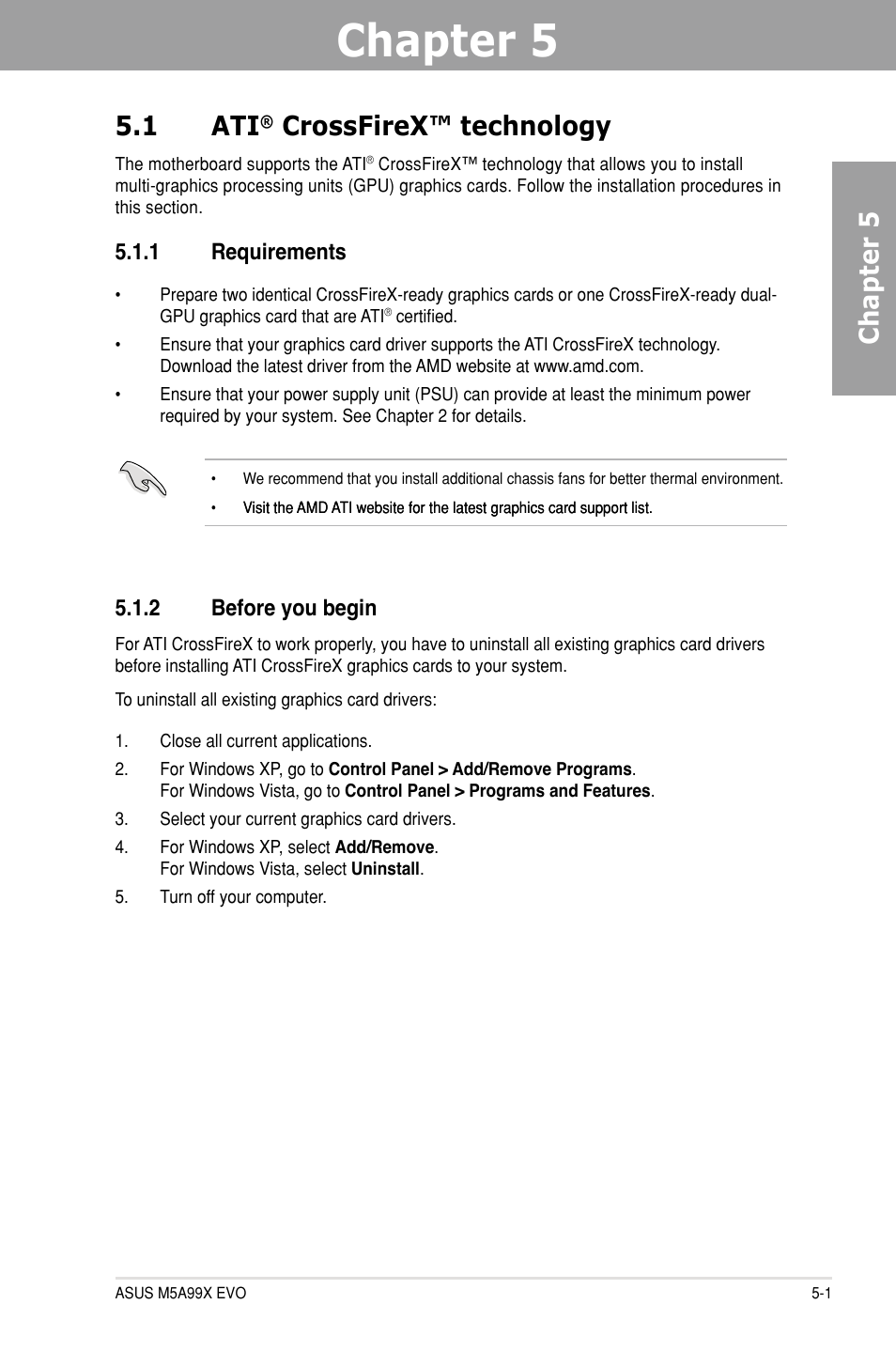 Chapter 5: multiple gpu technology support, 1 ati® crossfirex™ technology, 1 requirements | 2 before you begin, Chapter 5, Multiple gpu technology support, Crossfirex™ technology -1, Requirements -1, Before you begin -1, 1 ati | Asus M5A99X EVO User Manual | Page 129 / 138