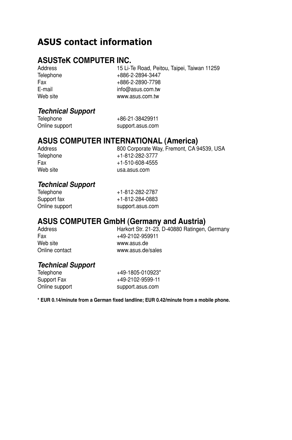 Asus contact information, Asustek computer inc, Asus computer international (america) | Asus computer gmbh (germany and austria), Technical support | Asus M5A99X EVO User Manual | Page 137 / 138