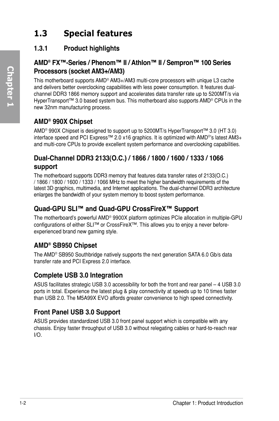 3 special features, 1 product highlights, Special features -2 1.3.1 | Product highlights -2, Chapter 1 1.3 special features, 1 product highlights amd, 990x chipset, Quad-gpu sli™ and quad-gpu crossfirex™ support, Sb950 chipset, Complete usb 3.0 integration | Asus M5A99X EVO User Manual | Page 14 / 138