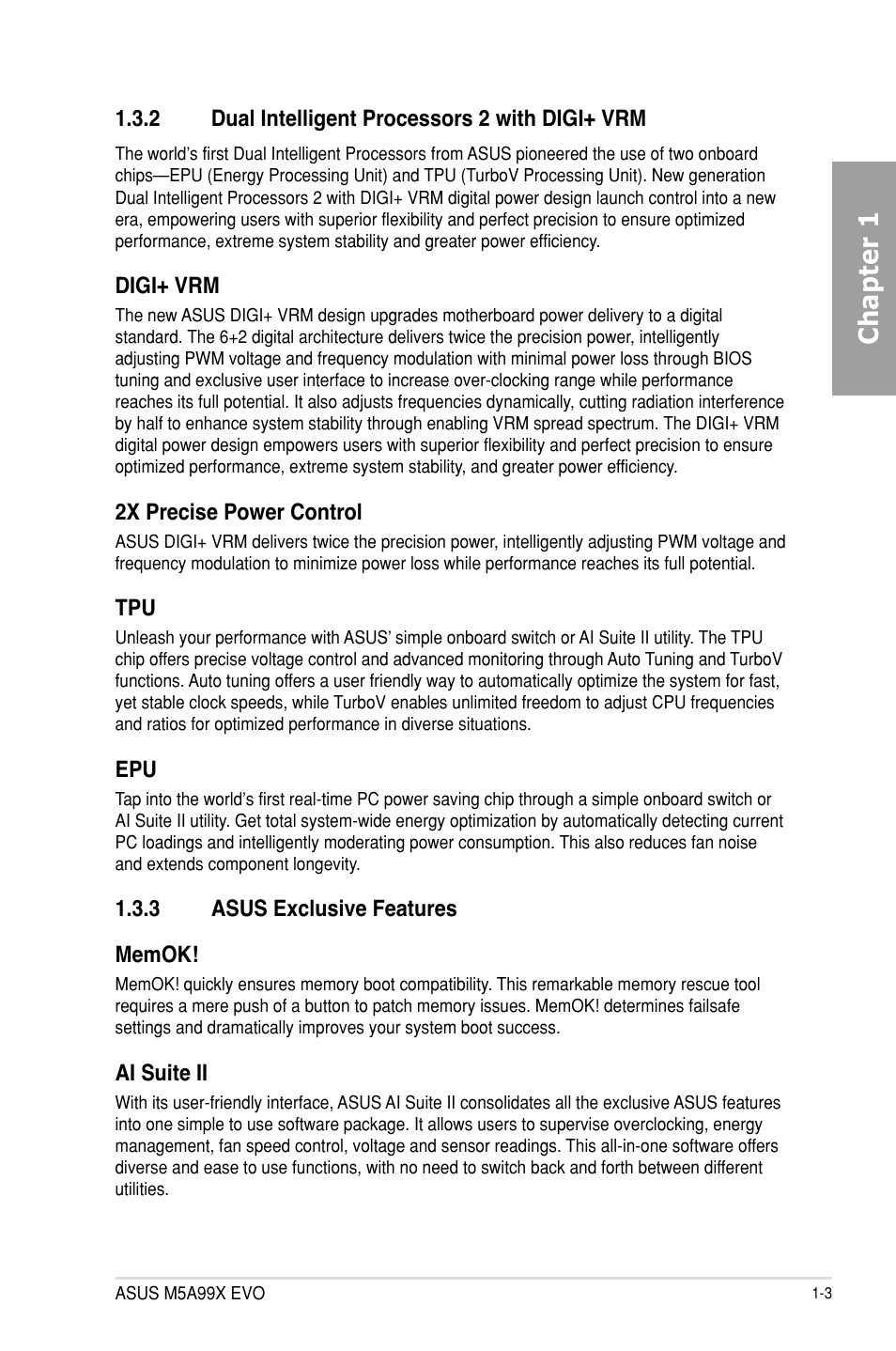 2 dual intelligent processors 2 with digi+ vrm, 3 asus exclusive features, Dual intelligent processors 2 with digi+ vrm -3 | Asus exclusive features -3, Chapter 1 | Asus M5A99X EVO User Manual | Page 15 / 138