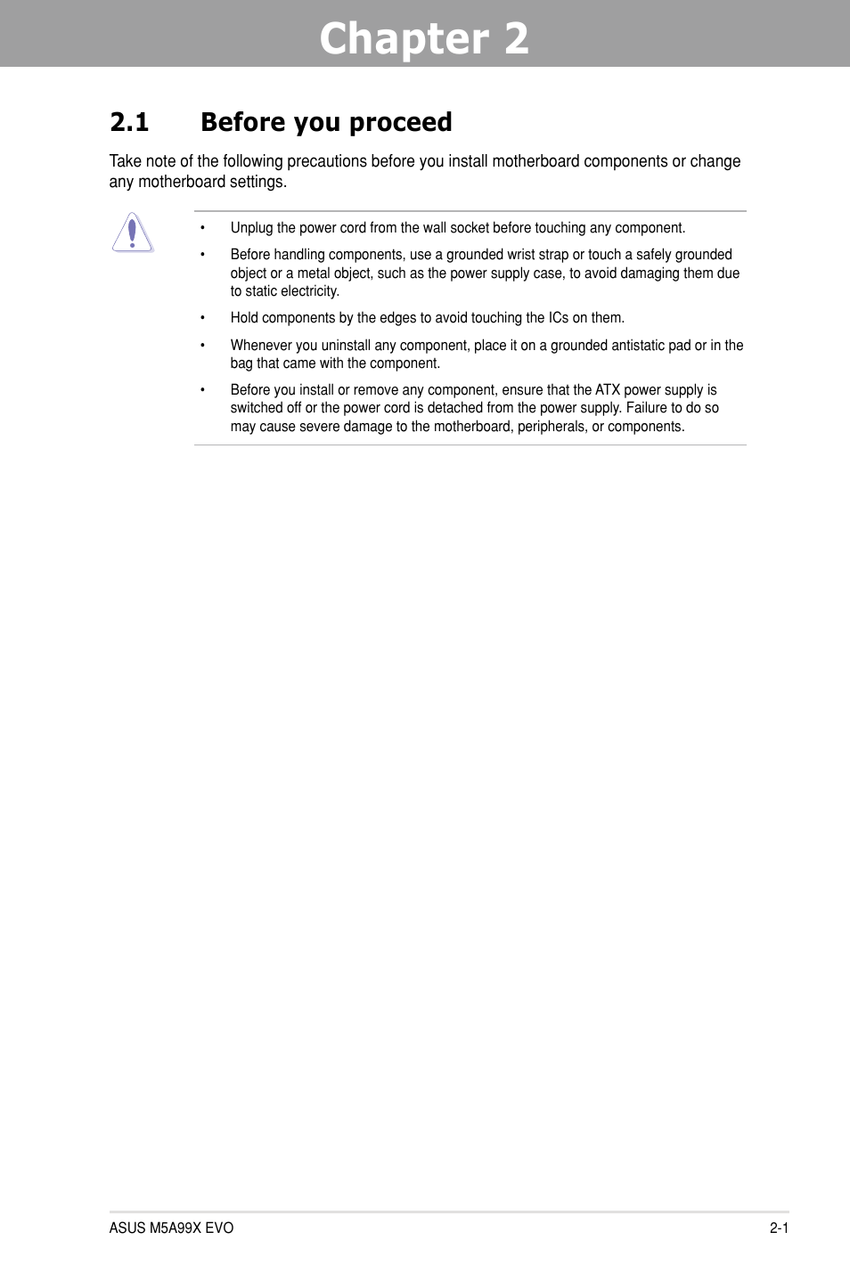 Chapter 2: hardware information, 1 before you proceed, Chapter 2 | Hardware information, Before you proceed -1 | Asus M5A99X EVO User Manual | Page 19 / 138