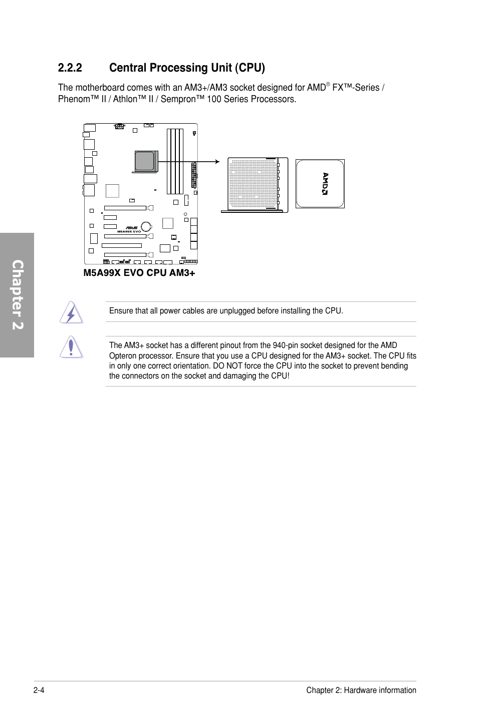 2 central processing unit (cpu), Central processing unit (cpu) -4, Chapter 2 | Asus M5A99X EVO User Manual | Page 22 / 138