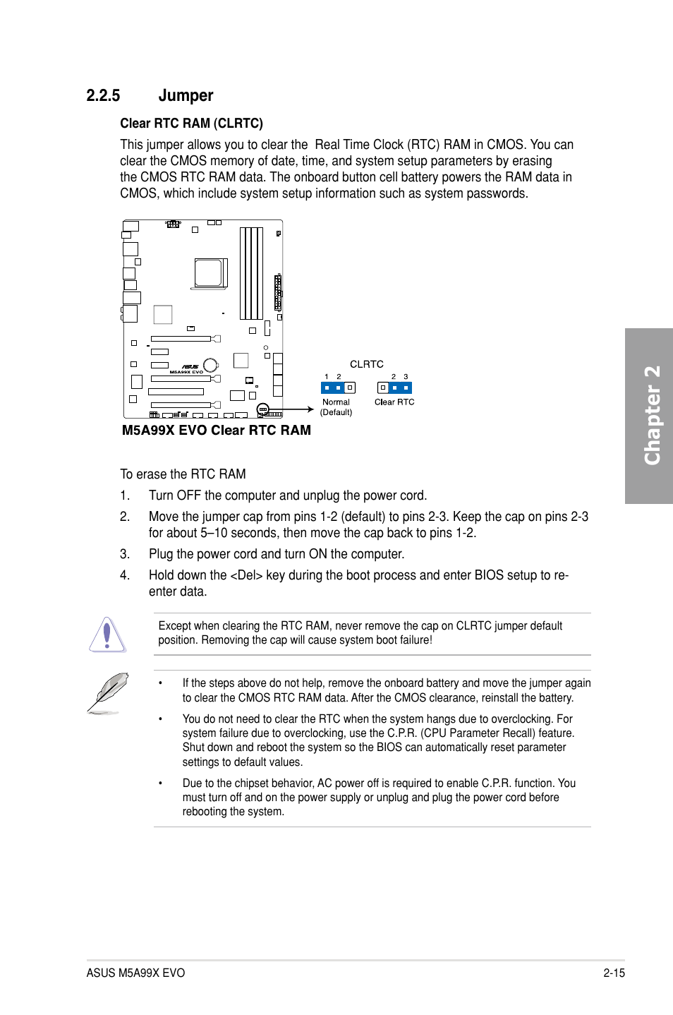 5 jumper, Jumper -15, Chapter 2 | Asus M5A99X EVO User Manual | Page 33 / 138