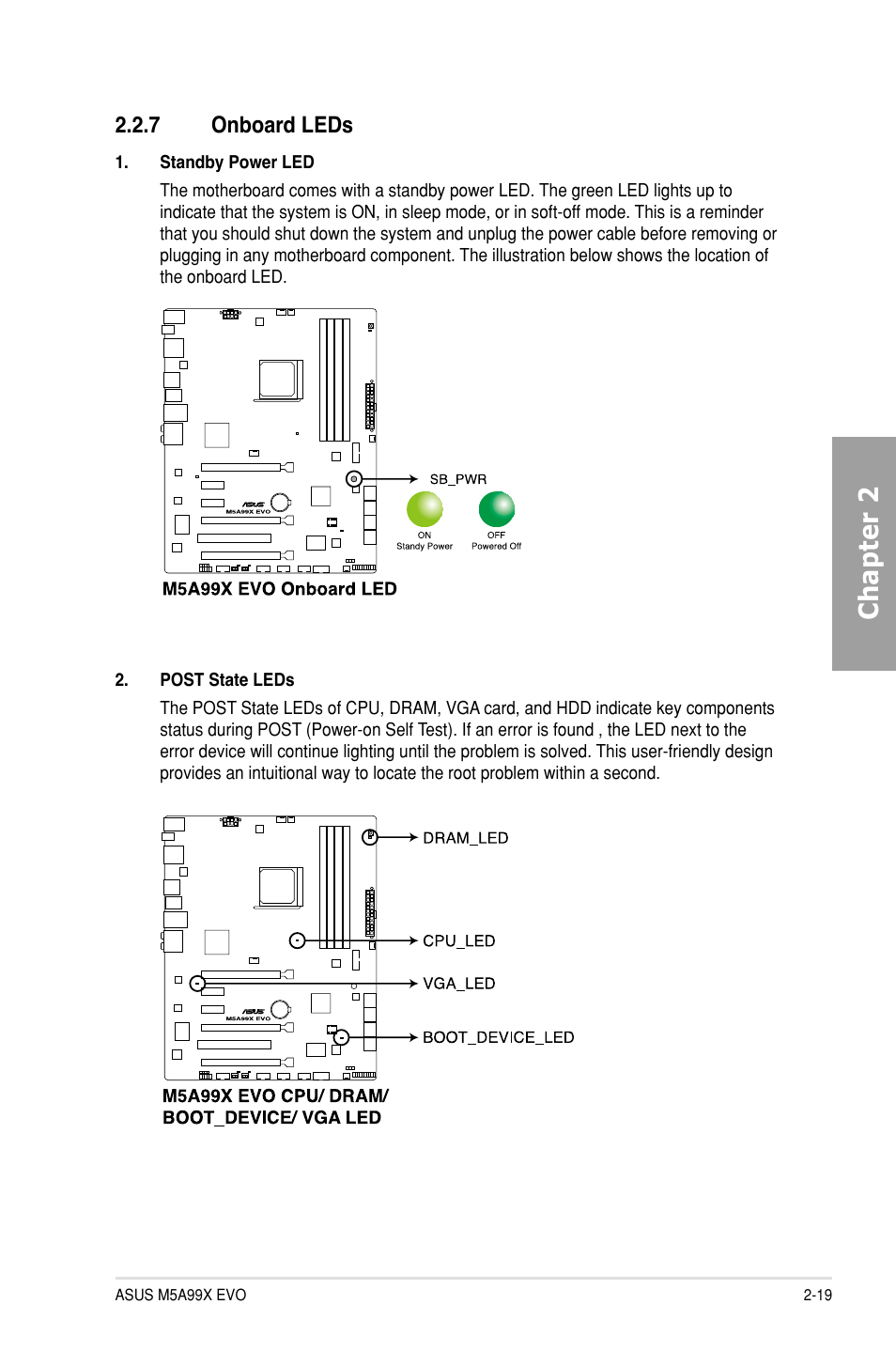 7 onboard leds, Onboard leds -19, Chapter 2 | Asus M5A99X EVO User Manual | Page 37 / 138