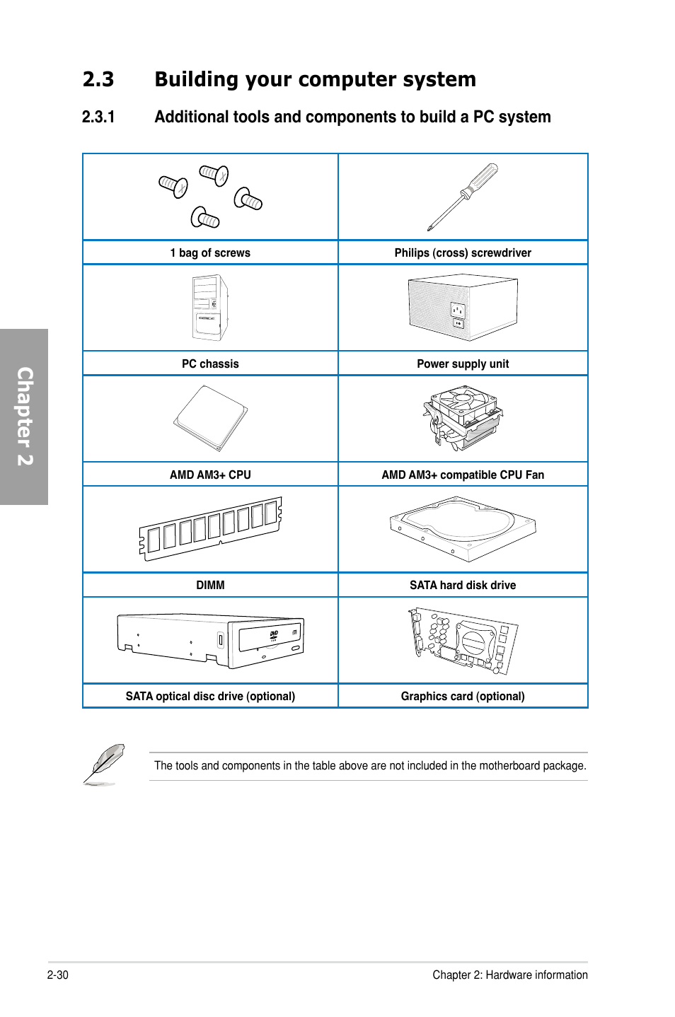 3 building your computer system, Building your computer system -30 2.3.1, Chapter 2 2.3 building your computer system | Asus M5A99X EVO User Manual | Page 48 / 138