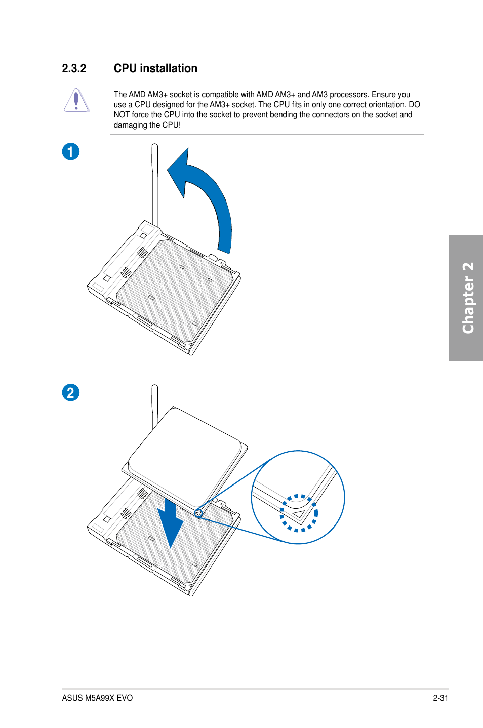 2 cpu installation, Cpu installation -31, Chapter 2 1 2 | Asus M5A99X EVO User Manual | Page 49 / 138