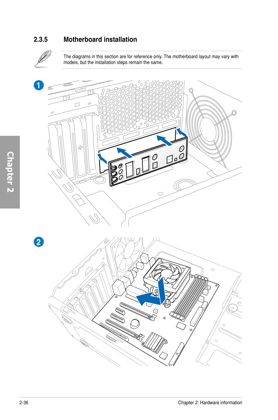 5 motherboard installation, Motherboard installation -36, Chapter 2 | Asus M5A99X EVO User Manual | Page 54 / 138