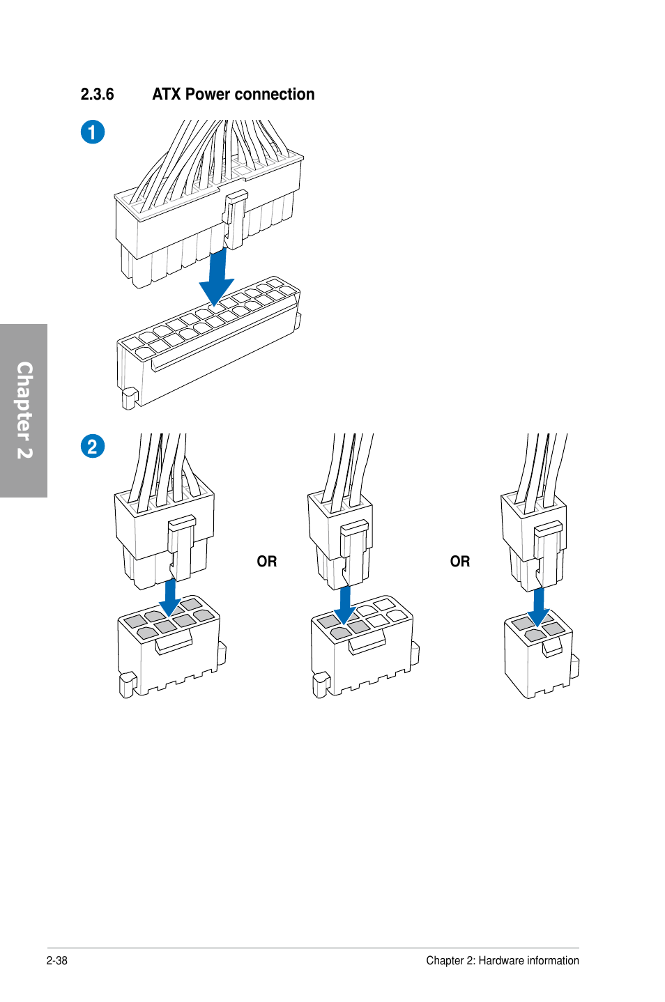 6 atx power connection, Atx power connection -38, Chapter 2 | Asus M5A99X EVO User Manual | Page 56 / 138