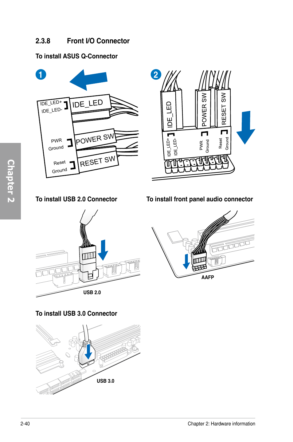 8 front i/o connector, Front i/o connector -40, Chapter 2 | 8 front i/o connector ide_led | Asus M5A99X EVO User Manual | Page 58 / 138