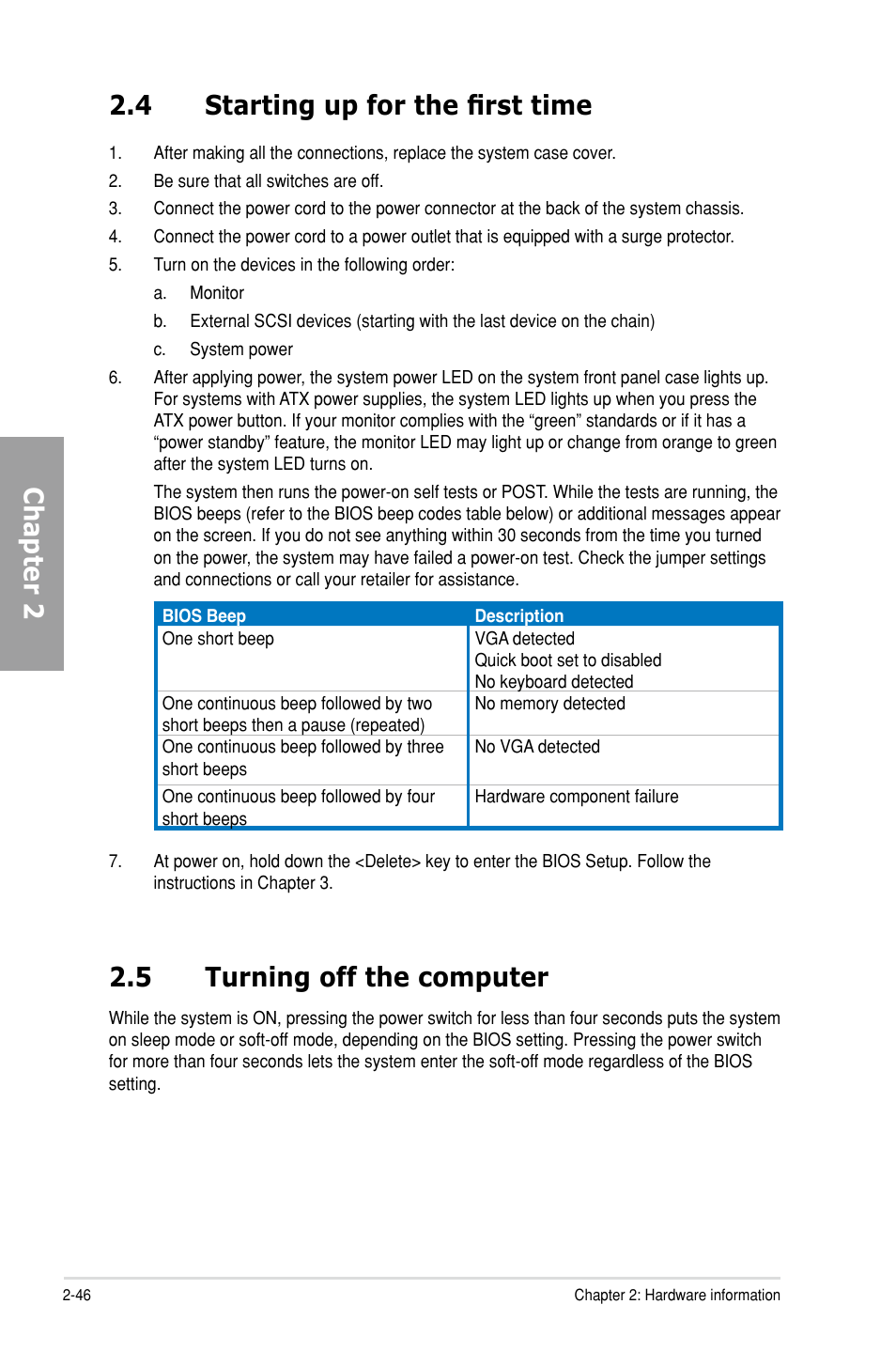 4 starting up for the first time, 5 turning off the computer, Starting up for the first time -46 | Turning off the computer -46, Chapter 2 2.4 starting up for the first time | Asus M5A99X EVO User Manual | Page 64 / 138