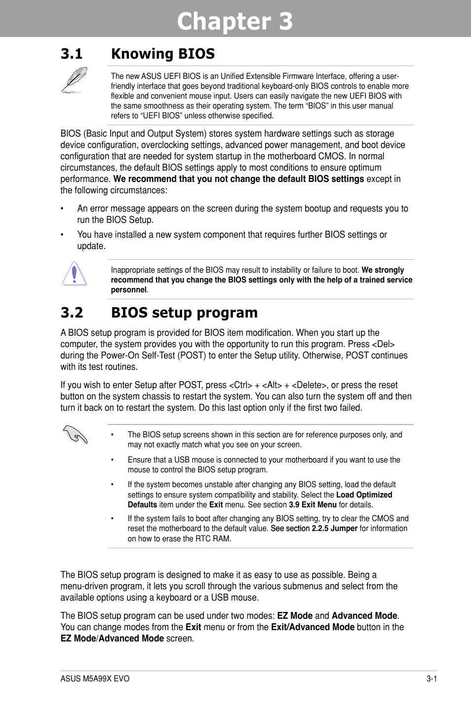 Chapter 3: bios setup, 1 knowing bios, 2 bios setup program | Chapter 3, Bios setup, Knowing bios -1, Bios setup program -1 | Asus M5A99X EVO User Manual | Page 65 / 138