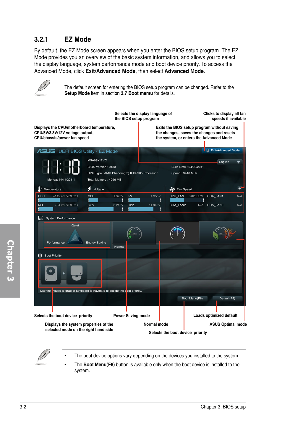 1 ez mode, Ez mode -2, Chapter 3 | 2 chapter 3: bios setup | Asus M5A99X EVO User Manual | Page 66 / 138