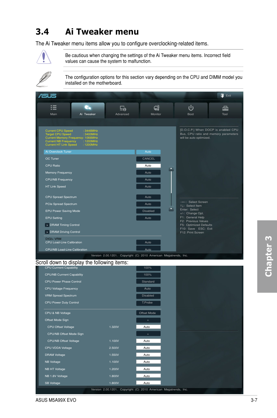 4 ai tweaker menu, Ai tweaker menu -7, Chapter 3 3.4 ai tweaker menu | Scroll down to display the following items | Asus M5A99X EVO User Manual | Page 71 / 138