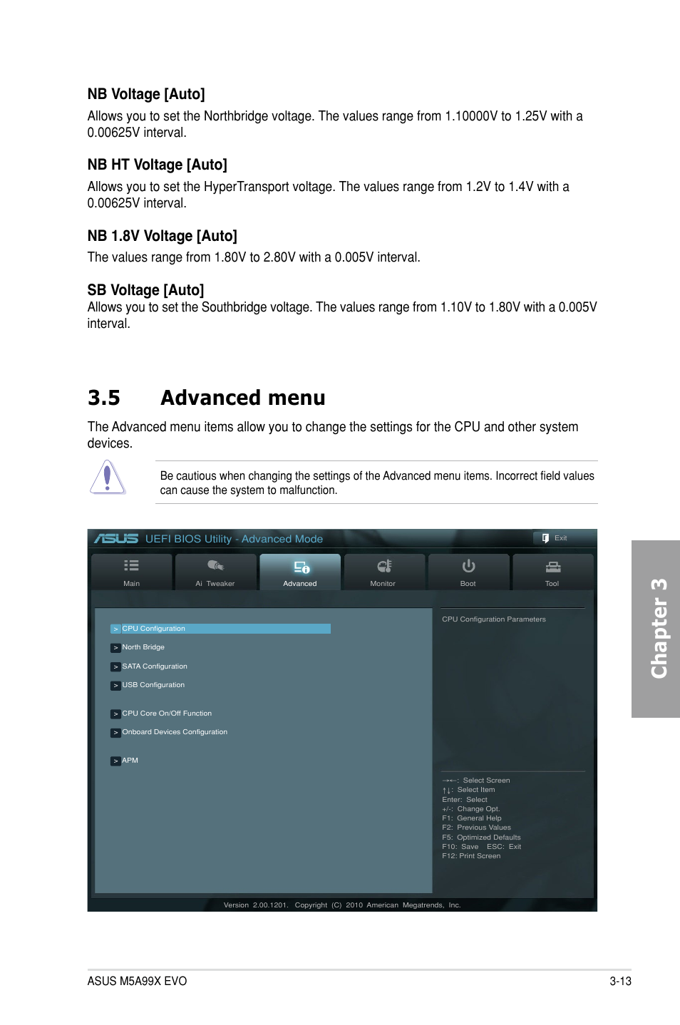 5 advanced menu, Advanced menu -13, Chapter 3 | Nb voltage [auto, Nb ht voltage [auto, Nb 1.8v voltage [auto, Sb voltage [auto | Asus M5A99X EVO User Manual | Page 77 / 138