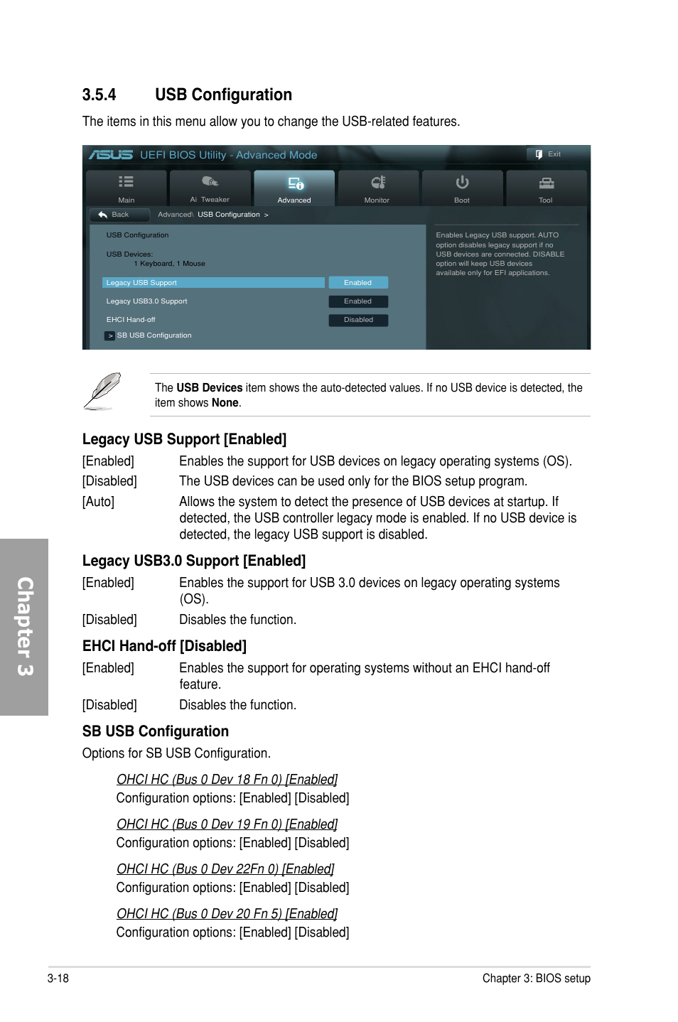 4 usb configuration, Usb configuration -18, Chapter 3 | Legacy usb support [enabled, Legacy usb3.0 support [enabled, Ehci hand-off [disabled, Sb usb configuration | Asus M5A99X EVO User Manual | Page 82 / 138