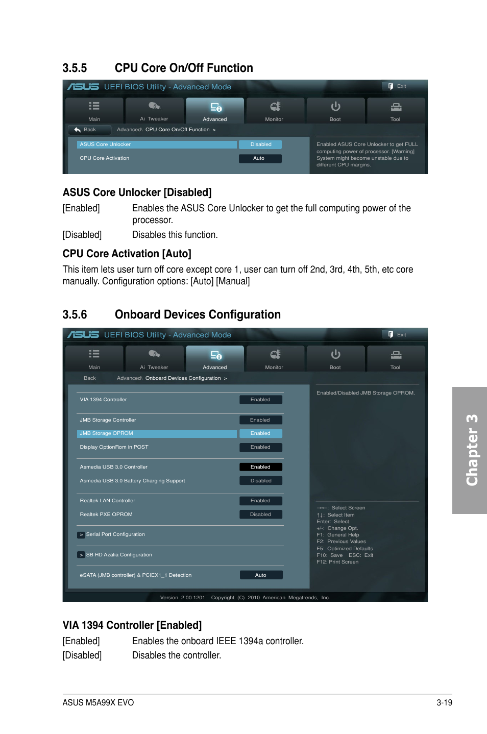 5 cpu core on/off function, 6 onboard devices configuration, Cpu core on/off function -19 | Onboard devices configuration -19, Chapter 3, Asus core unlocker [disabled, Cpu core activation [auto, Via 1394 controller [enabled | Asus M5A99X EVO User Manual | Page 83 / 138