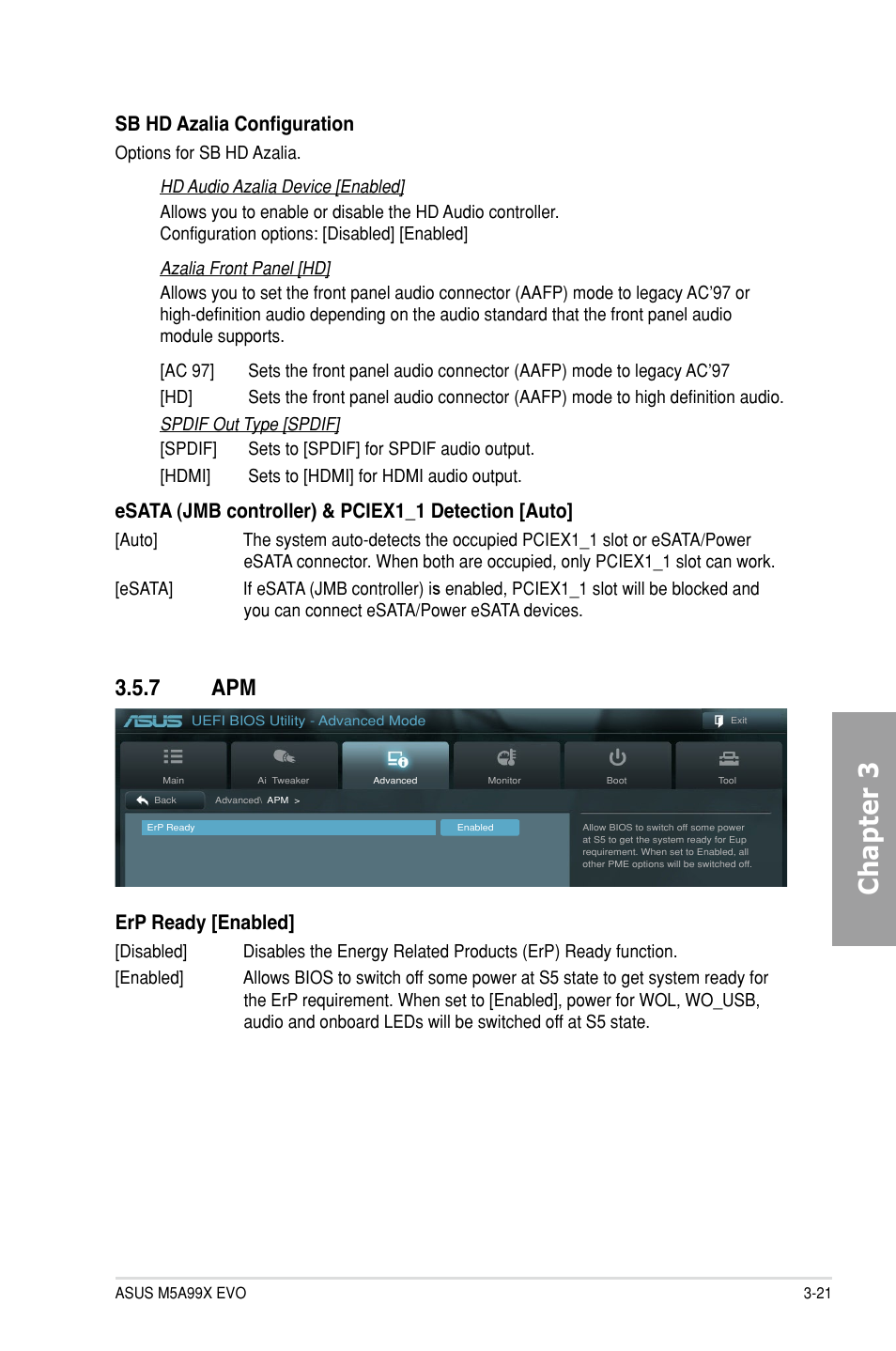 7 apm, Apm -21, Chapter 3 | Sb hd azalia configuration, Esata (jmb controller) & pciex1_1 detection [auto, Erp ready [enabled | Asus M5A99X EVO User Manual | Page 85 / 138