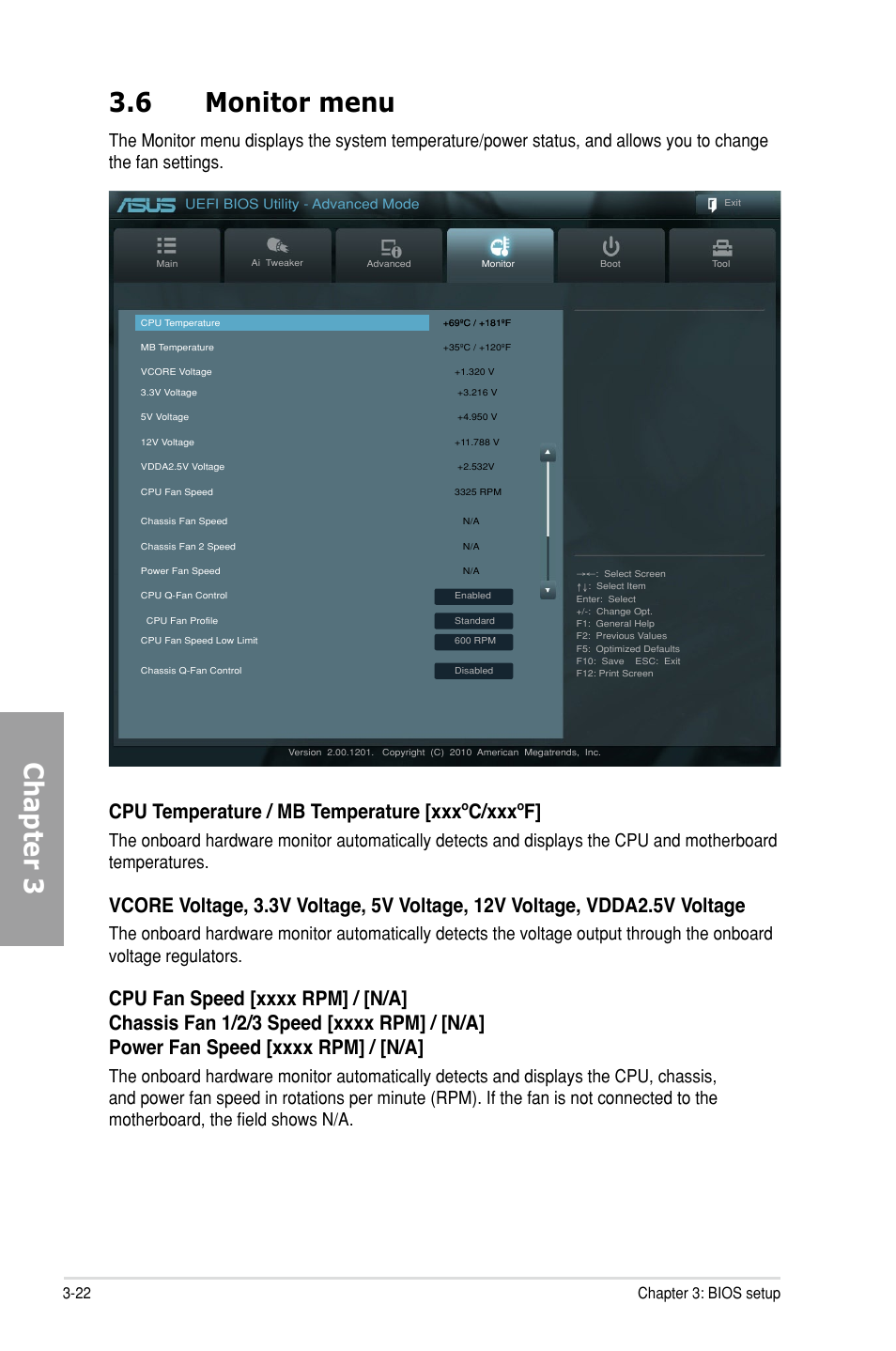 6 monitor menu, Monitor menu -22, Chapter 3 3.6 monitor menu | Cpu temperature / mb temperature [xxxºc/xxxºf, 22 chapter 3: bios setup | Asus M5A99X EVO User Manual | Page 86 / 138