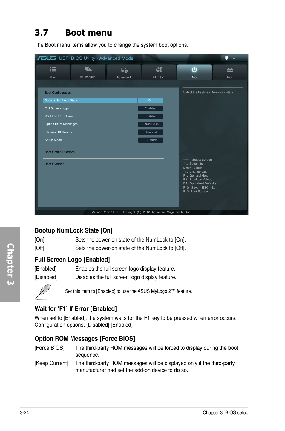 7 boot menu, Boot menu -24, Chapter 3 3.7 boot menu | Bootup numlock state [on, Full screen logo [enabled, Wait for ‘f1’ if error [enabled, Option rom messages [force bios | Asus M5A99X EVO User Manual | Page 88 / 138