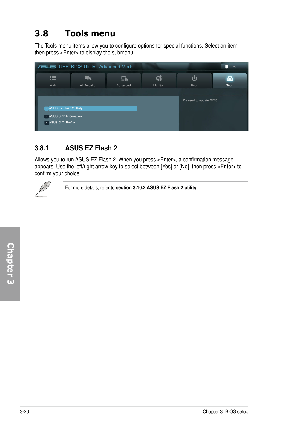 8 tools menu, 1 asus ez flash 2, Tools menu -26 3.8.1 | Asus ez flash 2 -26, Chapter 3 3.8 tools menu | Asus M5A99X EVO User Manual | Page 90 / 138