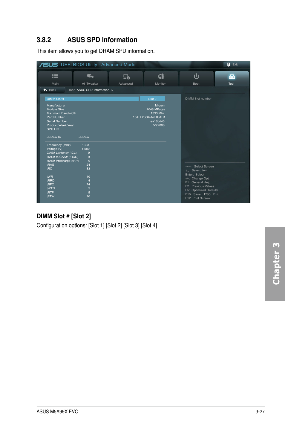 2 asus spd information, Asus spd information -27, Chapter 3 | Dimm slot # [slot 2, This item allows you to get dram spd information, Uefi bios utility - advanced mode | Asus M5A99X EVO User Manual | Page 91 / 138