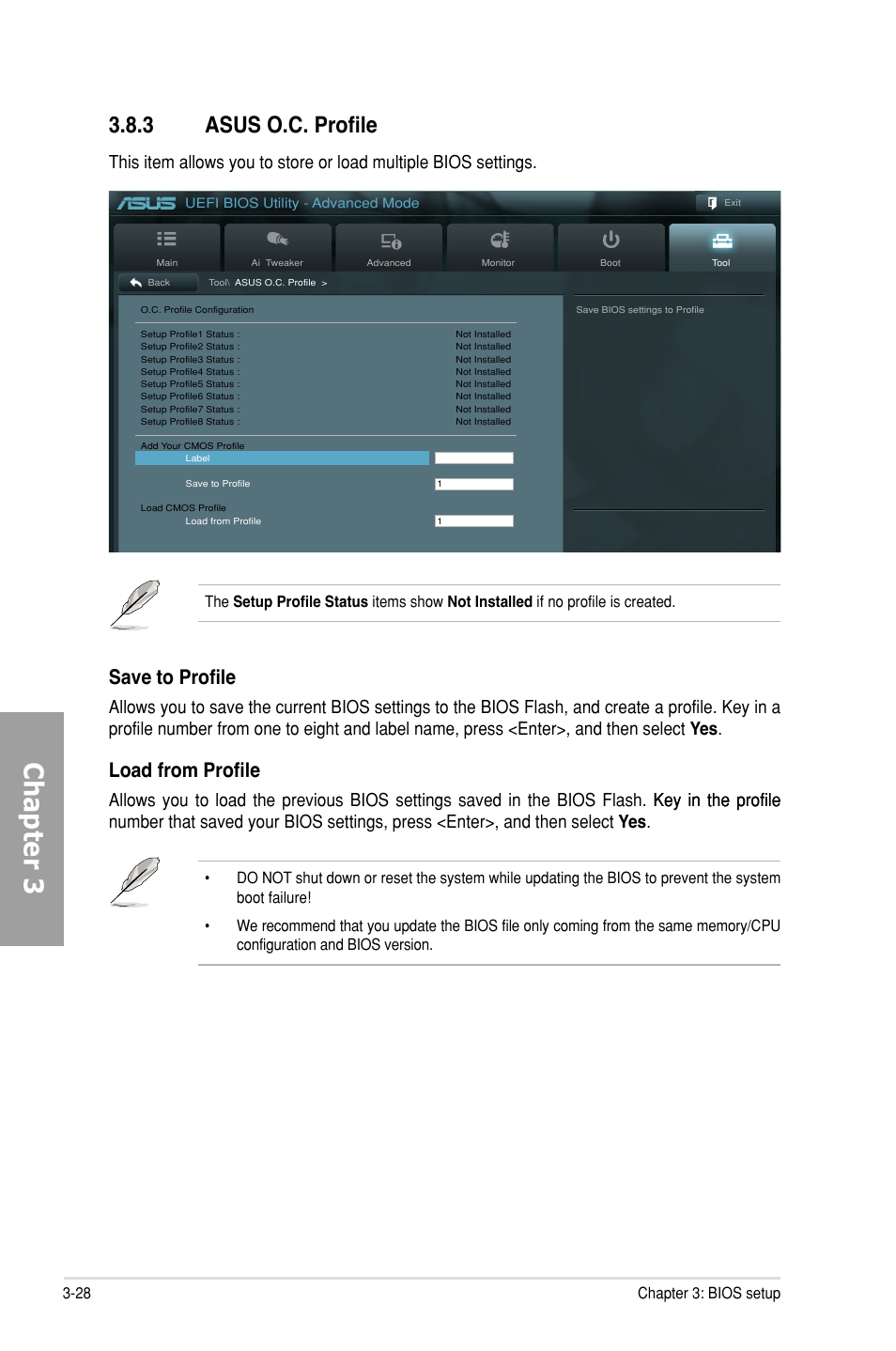 3 asus o.c. profile, Asus o.c. profile -28, Chapter 3 | Save to profile, Load from profile, 28 chapter 3: bios setup | Asus M5A99X EVO User Manual | Page 92 / 138