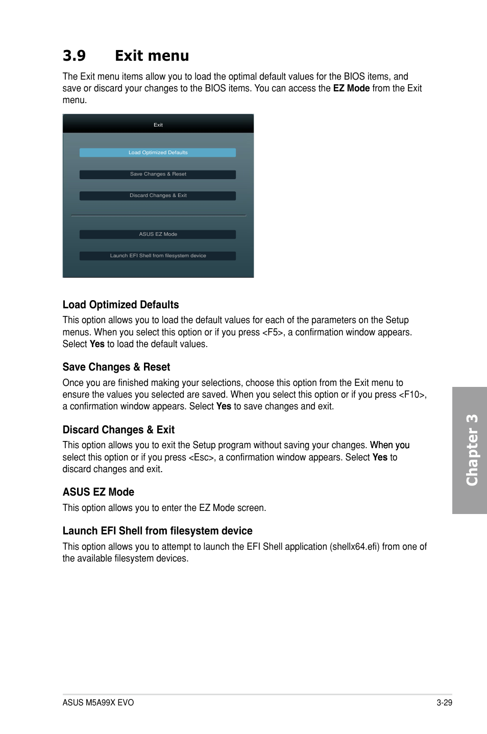 9 exit menu, Exit menu -29, Chapter 3 3.9 exit menu | Asus M5A99X EVO User Manual | Page 93 / 138