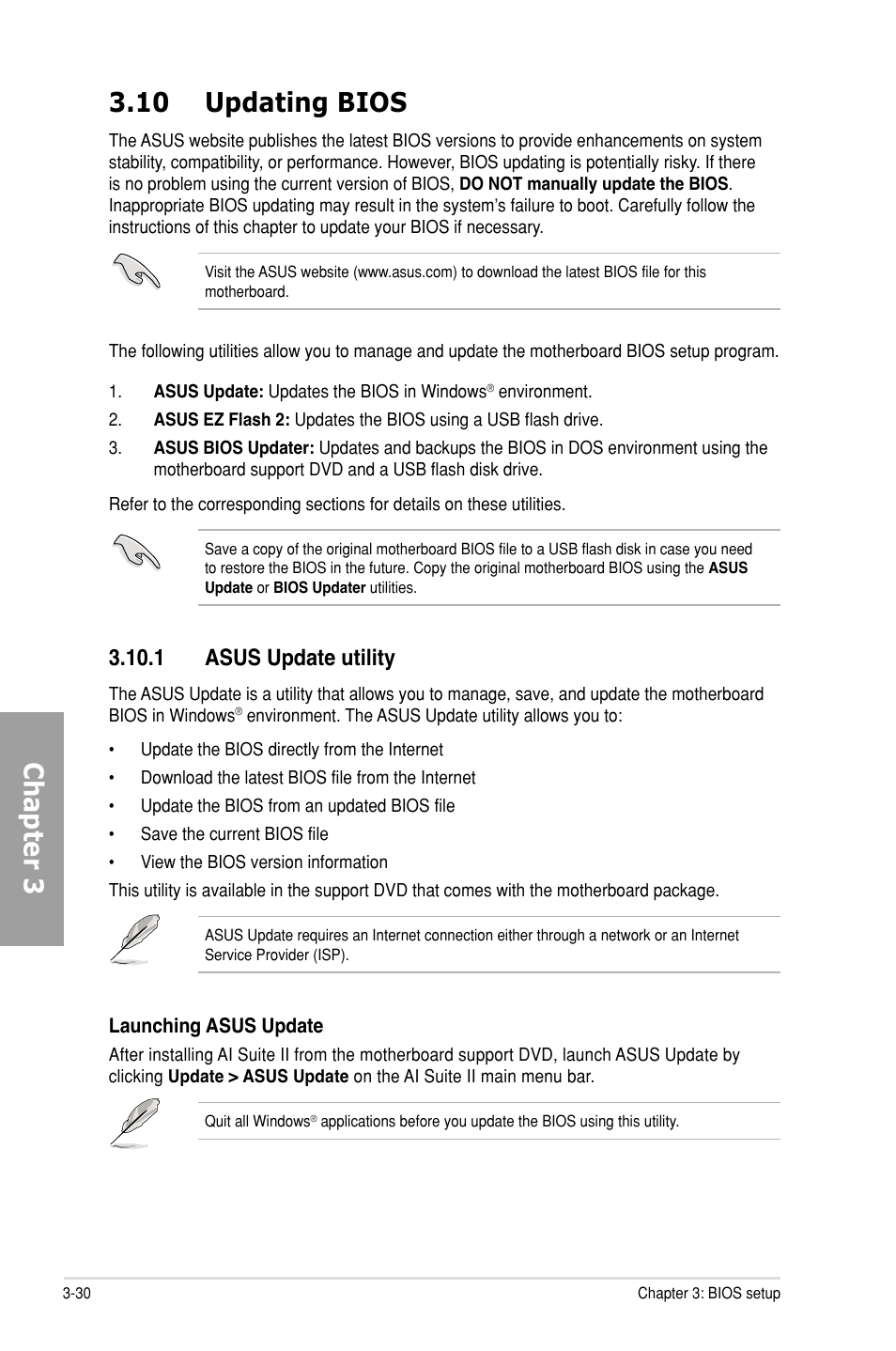 10 updating bios, 1 asus update utility, Updating bios -30 3.10.1 | Asus update utility -30, Chapter 3 3.10 updating bios | Asus M5A99X EVO User Manual | Page 94 / 138