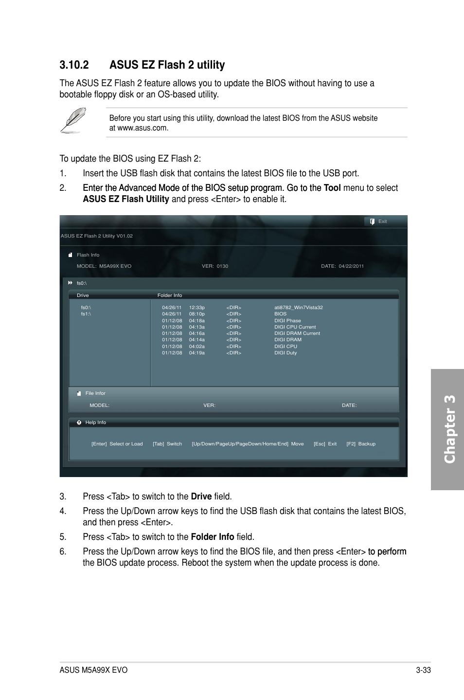 2 asus ez flash 2 utility, Asus ez flash 2 utility -33, Chapter 3 | Asus M5A99X EVO User Manual | Page 97 / 138