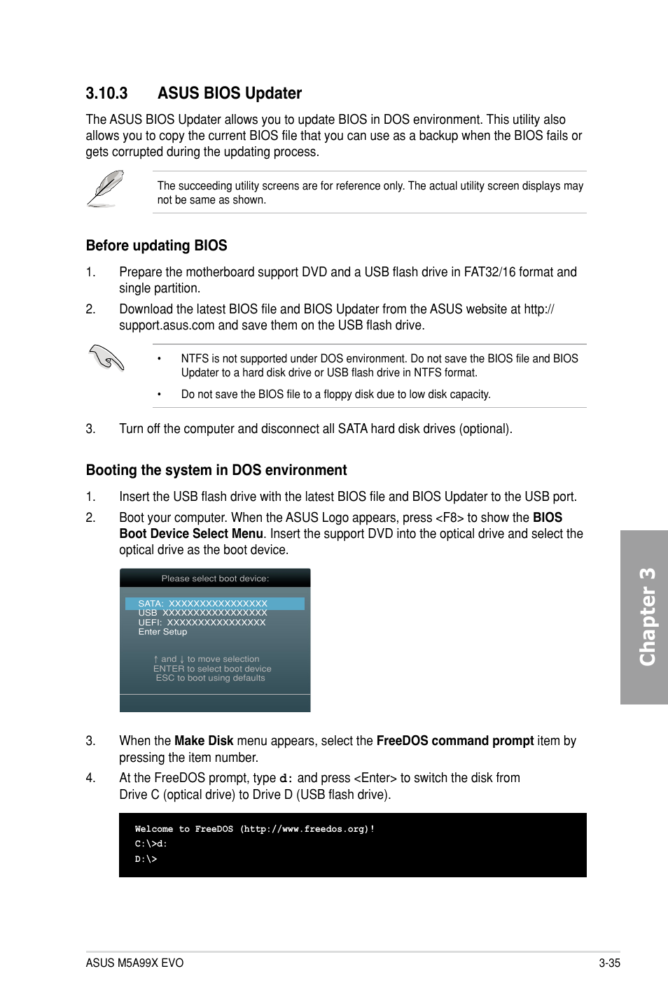 3 asus bios updater, Asus bios updater -35, Chapter 3 | Booting the system in dos environment, Before updating bios | Asus M5A99X EVO User Manual | Page 99 / 138