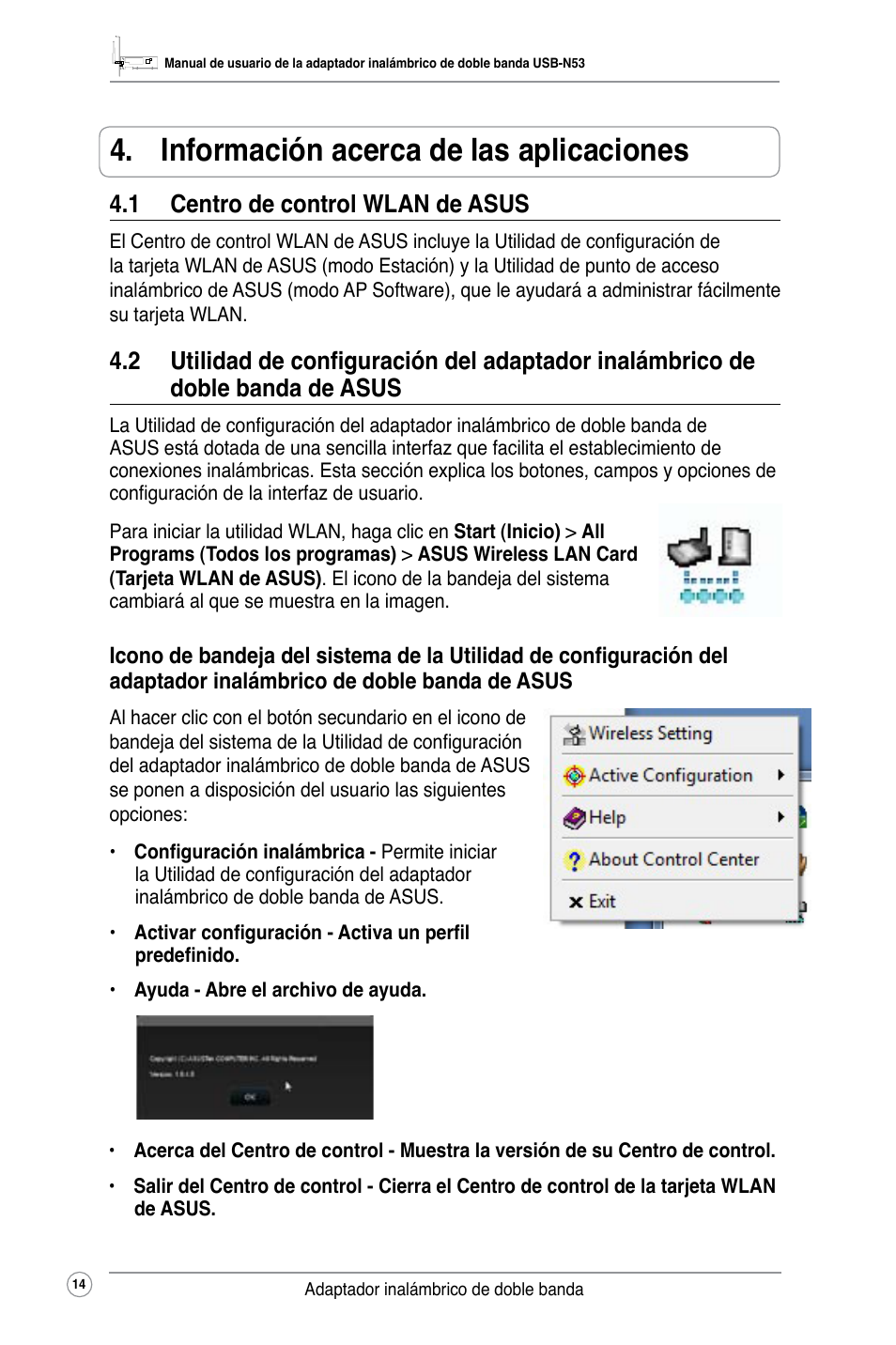 Información acerca de las aplicaciones, 1 centro de control wlan de asus, Doble banda de asus | Asus USB-N53 User Manual | Page 17 / 34