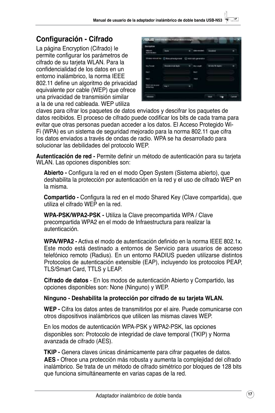 Configuración - cifrado | Asus USB-N53 User Manual | Page 20 / 34