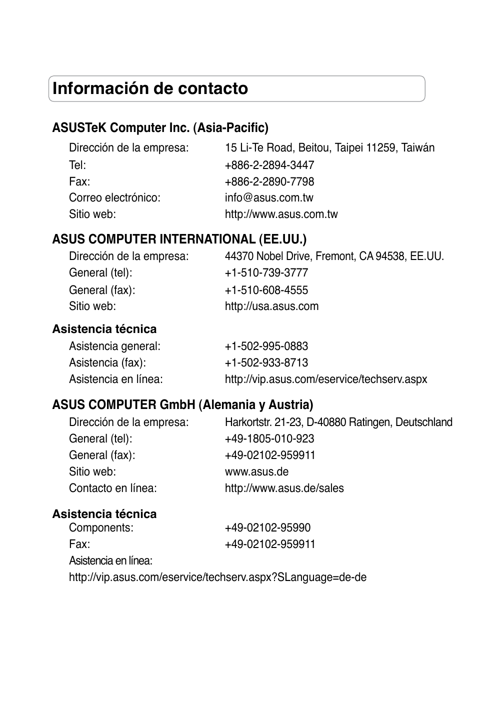 Información de contacto | Asus USB-N53 User Manual | Page 3 / 34