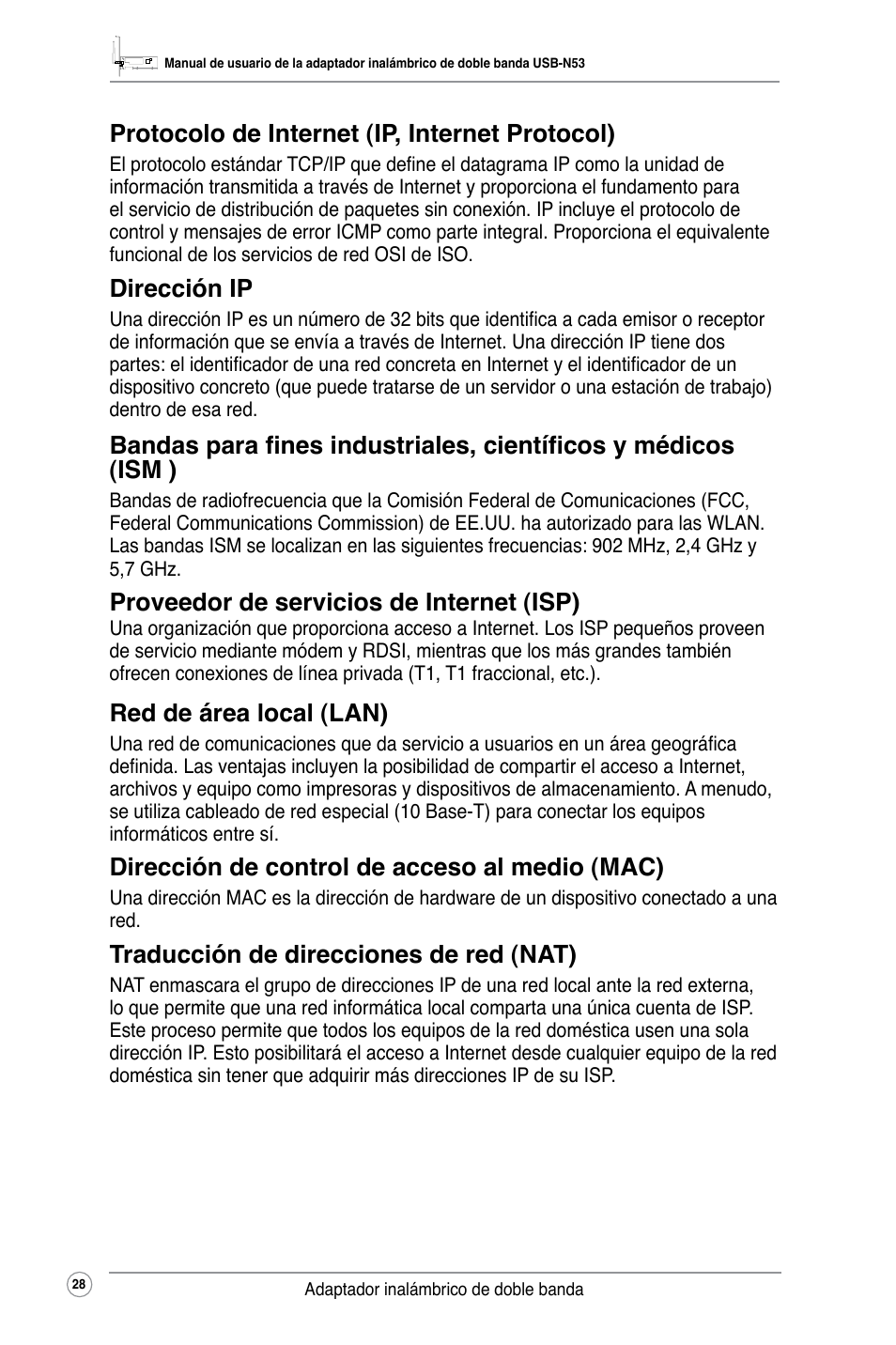 Protocolo de internet (ip, internet protocol), Dirección ip, Proveedor de servicios de internet (isp) | Red de área local (lan), Dirección de control de acceso al medio (mac), Traducción de direcciones de red (nat) | Asus USB-N53 User Manual | Page 31 / 34