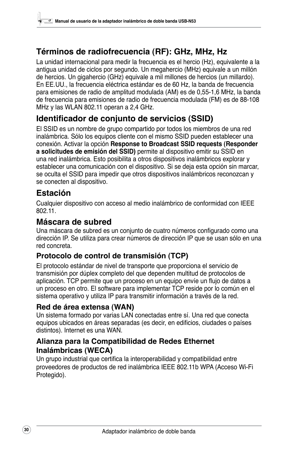Términos de radiofrecuencia (rf): ghz, mhz, hz, Identificador de conjunto de servicios (ssid), Estación | Máscara de subred | Asus USB-N53 User Manual | Page 33 / 34
