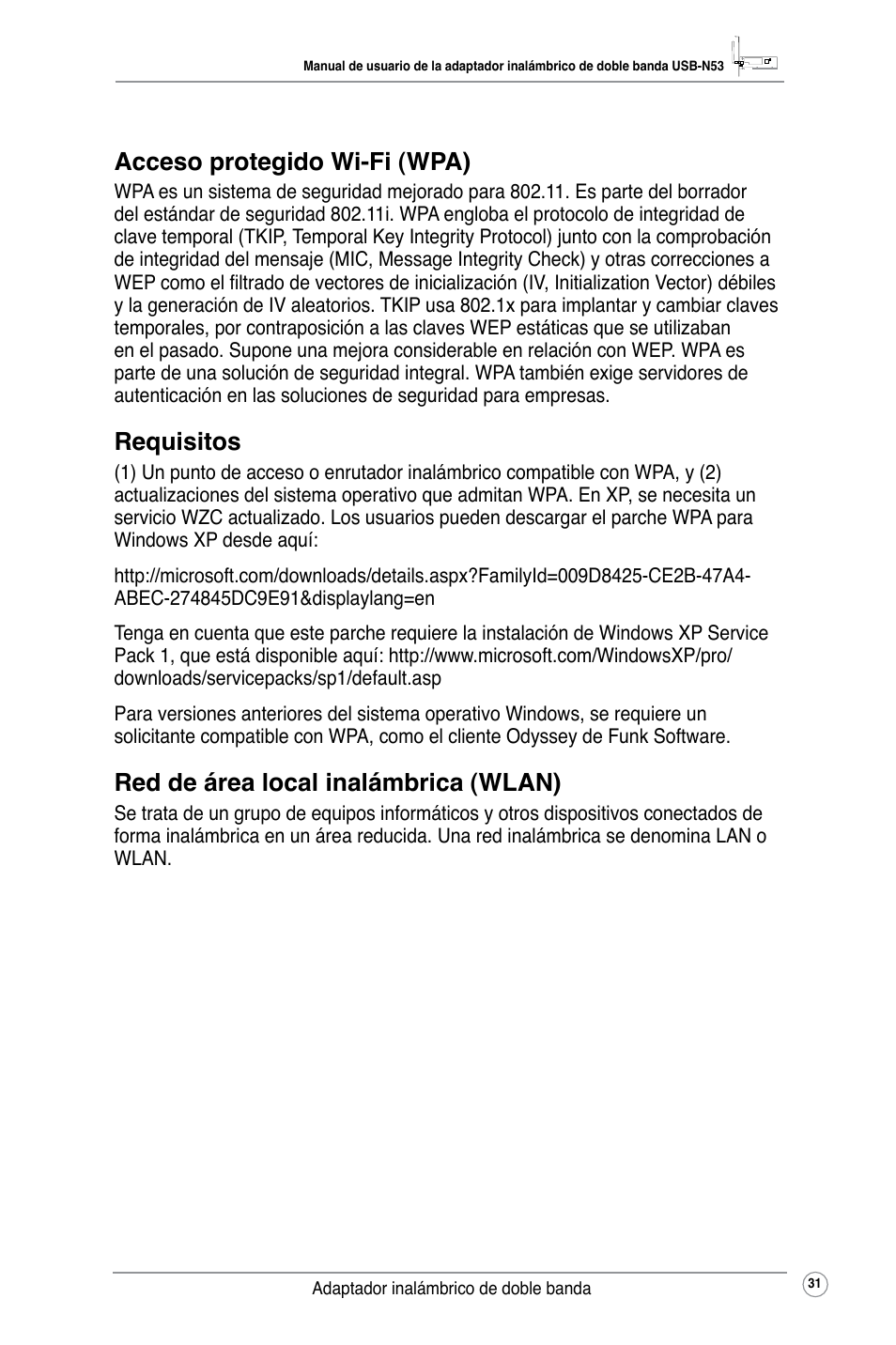 Acceso protegido wi-fi (wpa), Requisitos, Red de área local inalámbrica (wlan) | Asus USB-N53 User Manual | Page 34 / 34