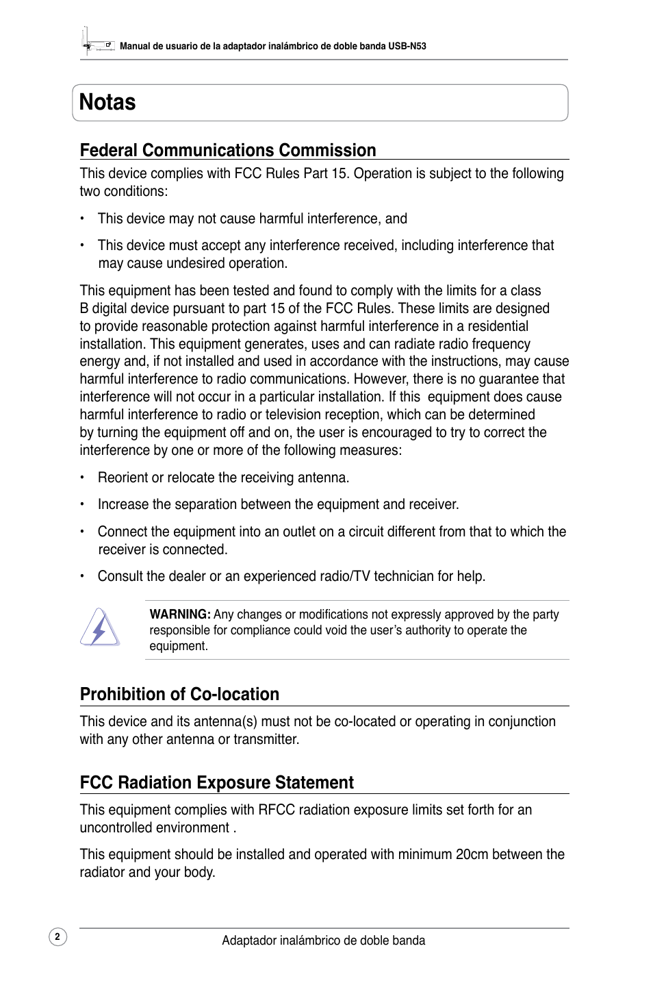 Notas, Federal communications commission, Prohibition of co-location | Fcc radiation exposure statement | Asus USB-N53 User Manual | Page 5 / 34