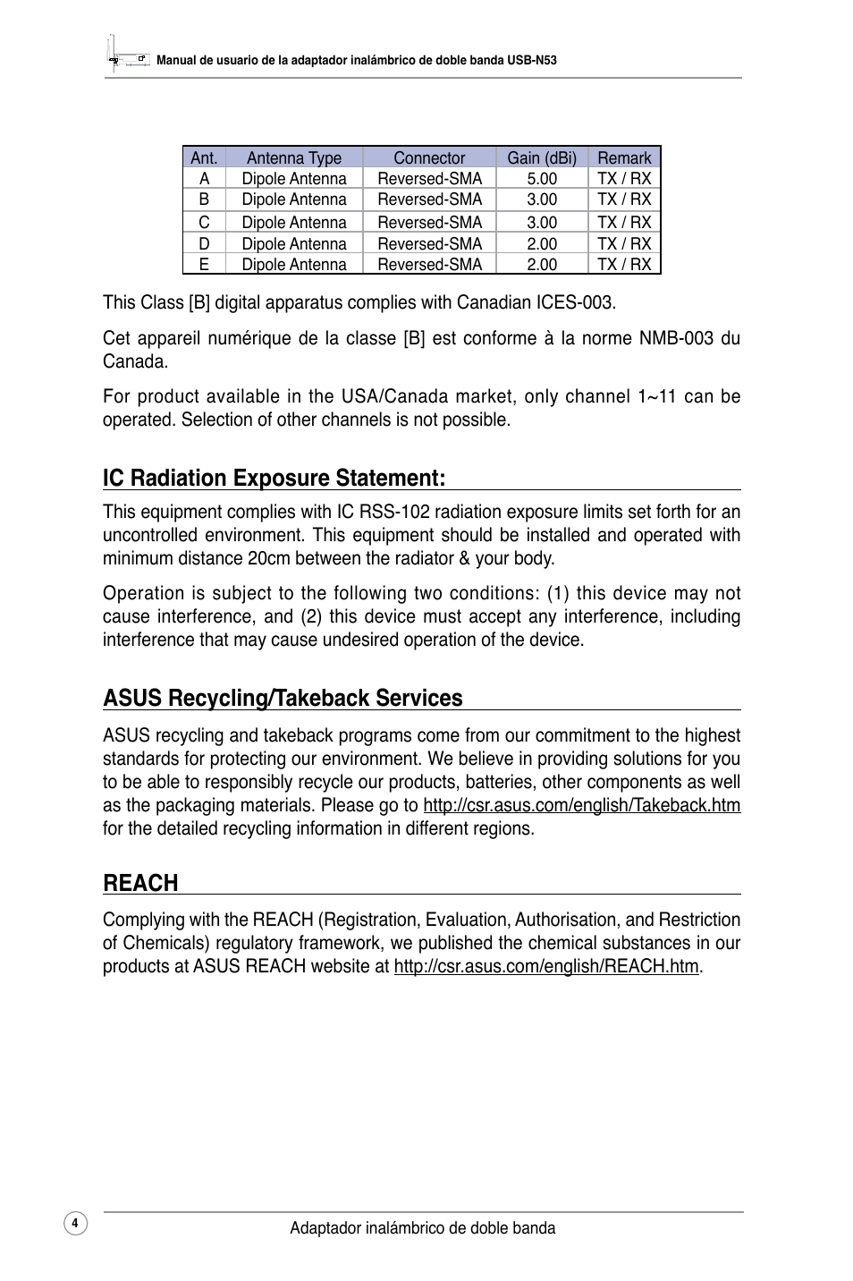 Ic radiation exposure statement, Asus recycling/takeback services, Reach | Asus USB-N53 User Manual | Page 7 / 34