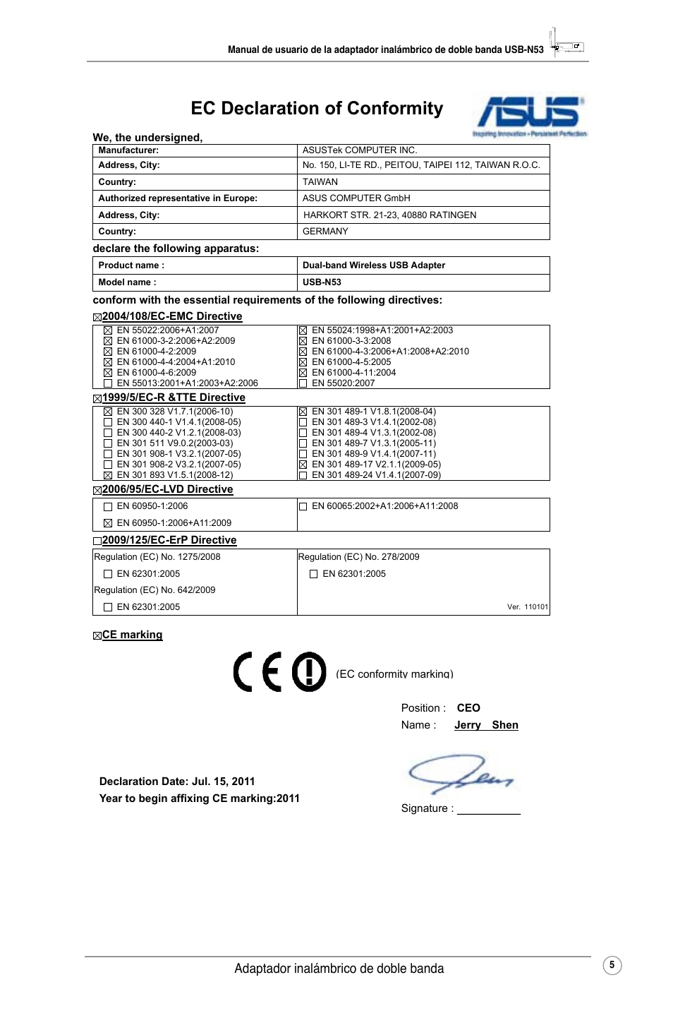 Ec declaration of conformity, Adaptador inalámbrico de doble banda | Asus USB-N53 User Manual | Page 8 / 34