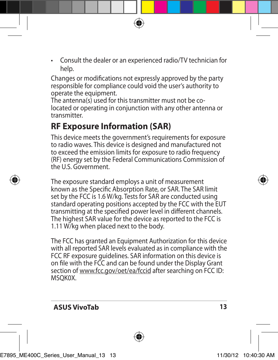 Rf exposure information (sar) | Asus VivoTab Smart User Manual | Page 13 / 22