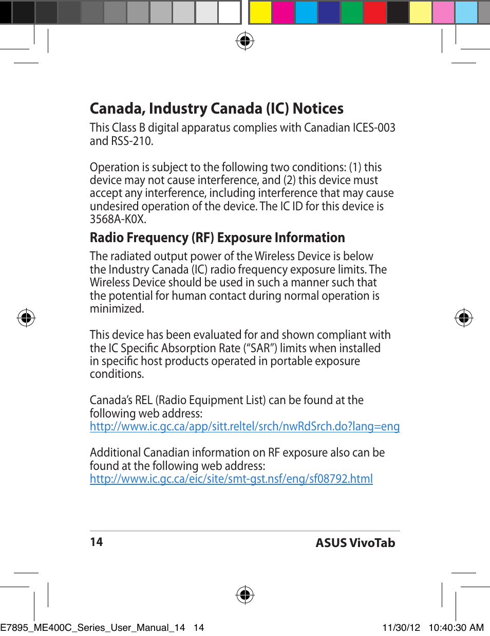 Canada, industry canada (ic) notices | Asus VivoTab Smart User Manual | Page 14 / 22