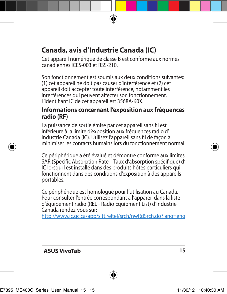 Canada, avis d’industrie canada (ic) | Asus VivoTab Smart User Manual | Page 15 / 22