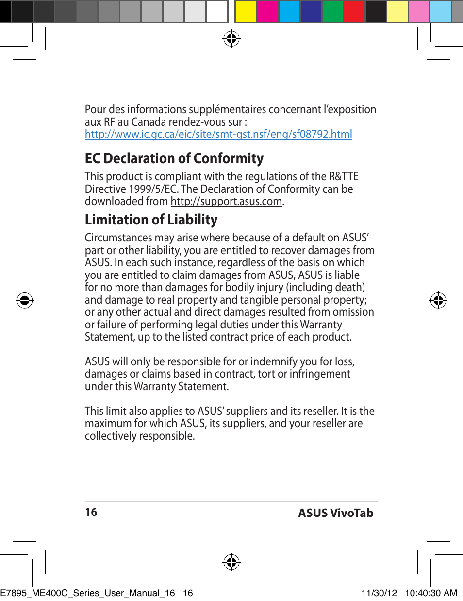 Ec declaration of conformity, Limitation of liability | Asus VivoTab Smart User Manual | Page 16 / 22