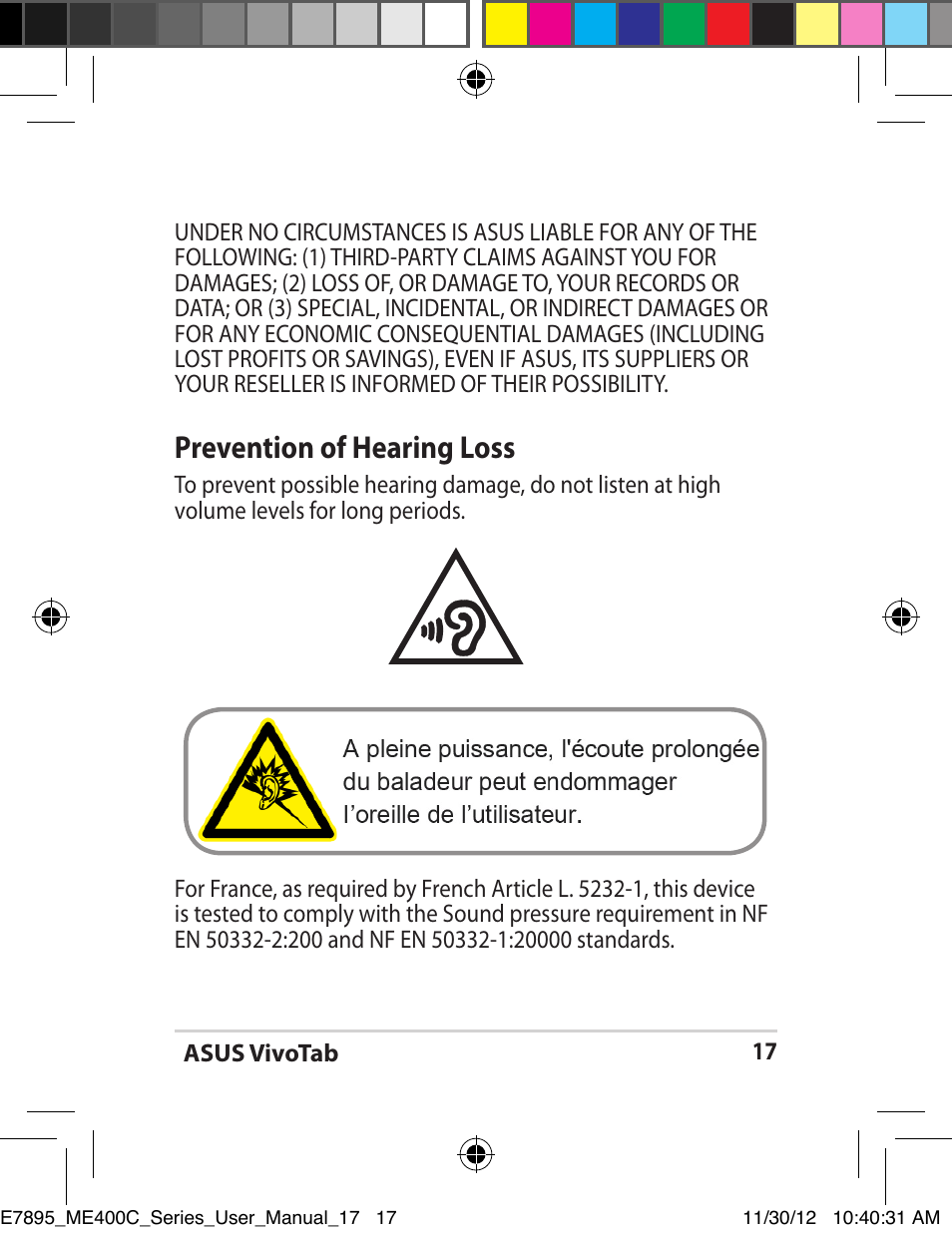 Prevention of hearing loss | Asus VivoTab Smart User Manual | Page 17 / 22