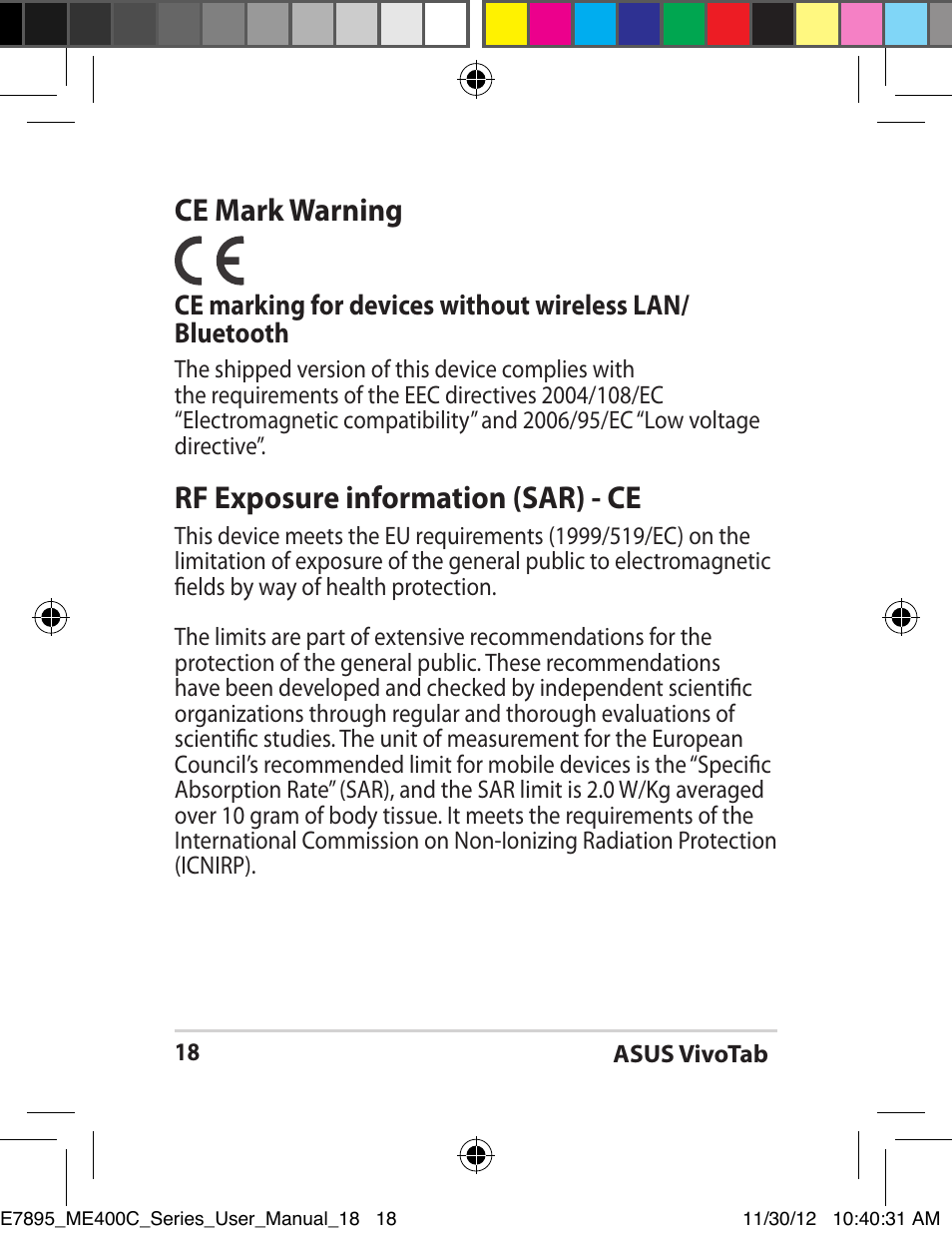 Ce mark warning, Rf exposure information (sar) - ce | Asus VivoTab Smart User Manual | Page 18 / 22