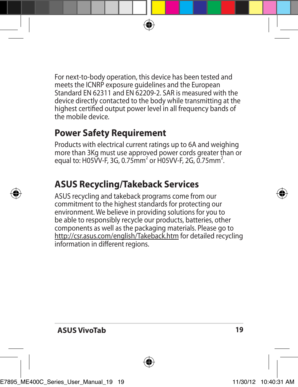 Power safety requirement, Asus recycling/takeback services | Asus VivoTab Smart User Manual | Page 19 / 22